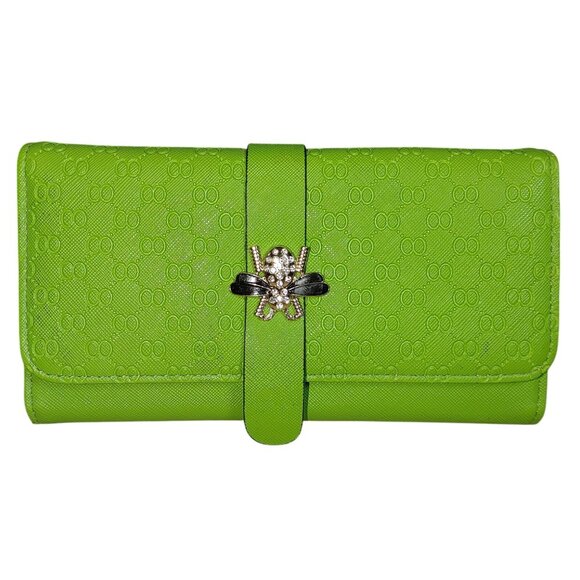 Leather Wallet Lime Green Embossed Faux Snap Closure Decorative Bee Accent - Picture 1 of 9